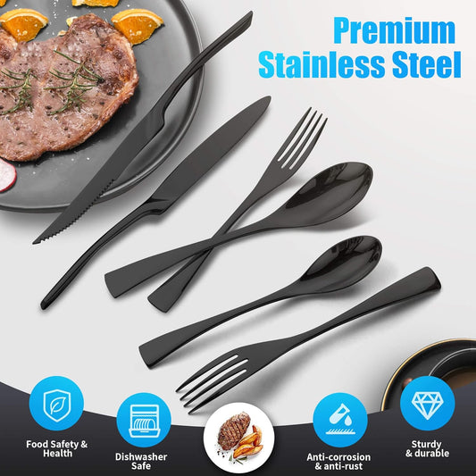 Lemeya 24-Piece Black Silverware Set with Steak Knives,Forged 18/10 Stainless Steel Cutlery Set for 4,Modern Heavy Duty Flatware Utensils Set,Fork Spoon and Knives Set, Mirror Polished,Dishwasher Safe