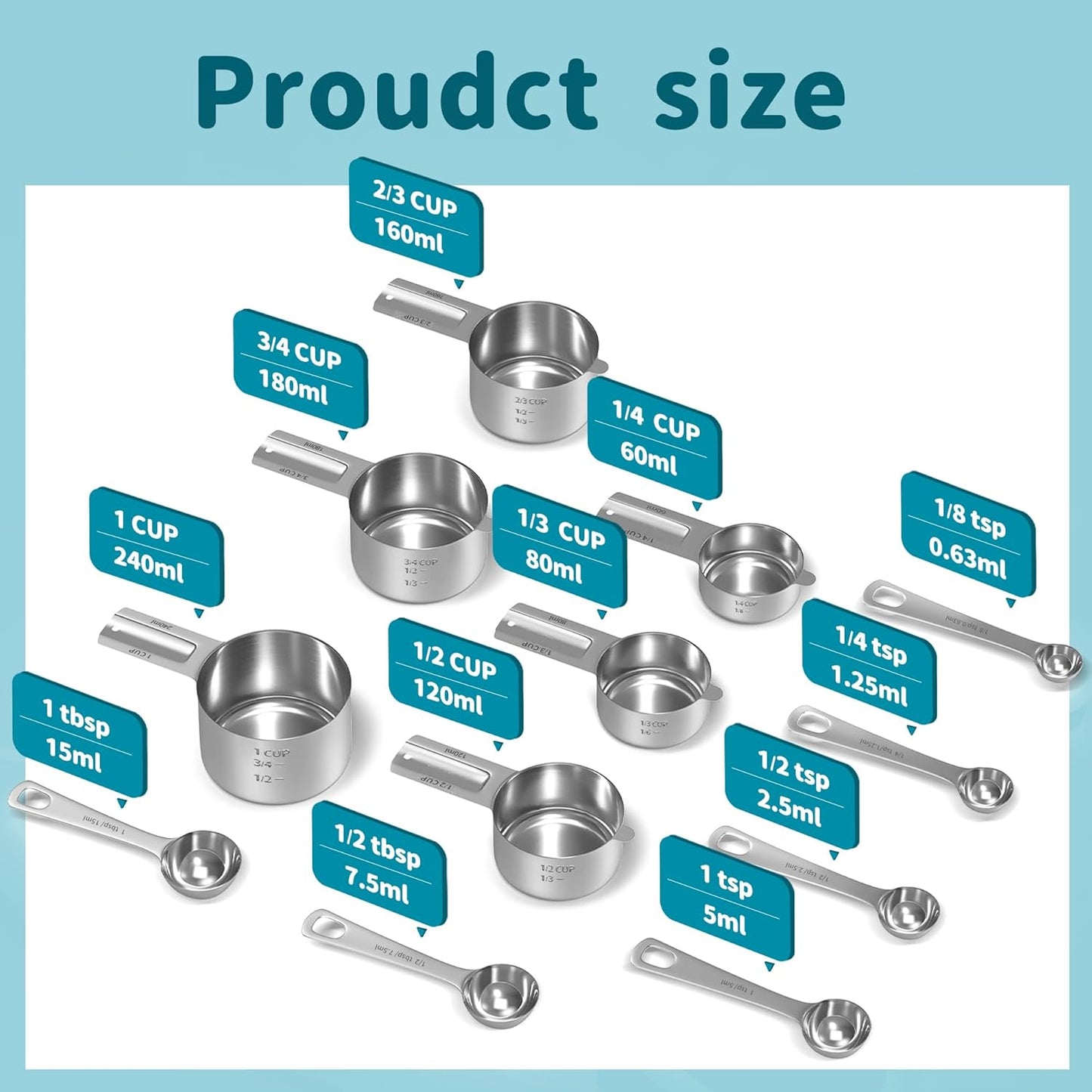 Measuring Cups and Spoons Set, Stainless Steel Measuring Cups Measuring Spoons with Easy to Read Markings, Ideal Kitchen Gadgets for Cooking & Baking, 12 Pack