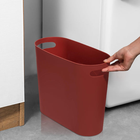rejomiik Small Trash Can, 3.5 Gallon Slim Garbage Can Plastic Waste Basket with Handles Container Bin for Narrow Spaces Bathroom, Bedroom, Kitchen, Office at Home, Red