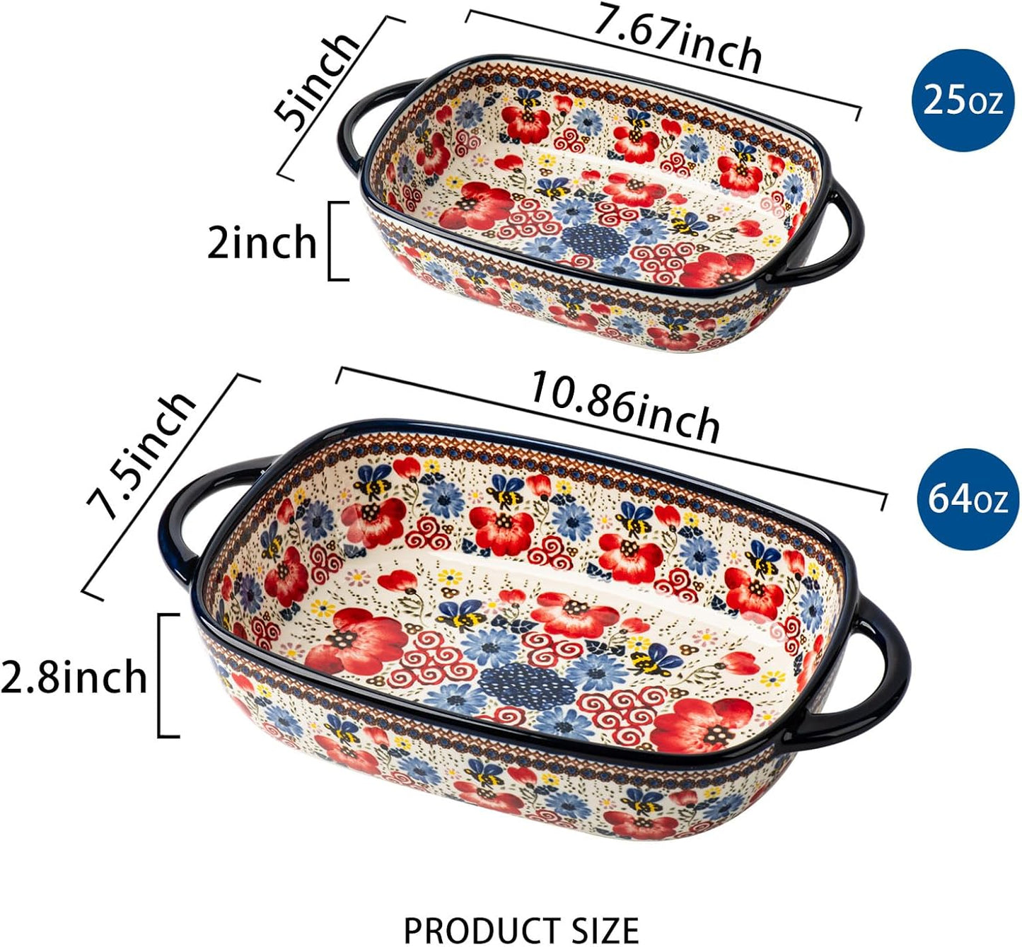 Baking Dish Ceramic Baking Pan Blue Casserole Dish Porcelain rectangular Baking Set 2pcs Bakeware Sets Lasagna Pan Baking Dishes for oven(Honey Flower)