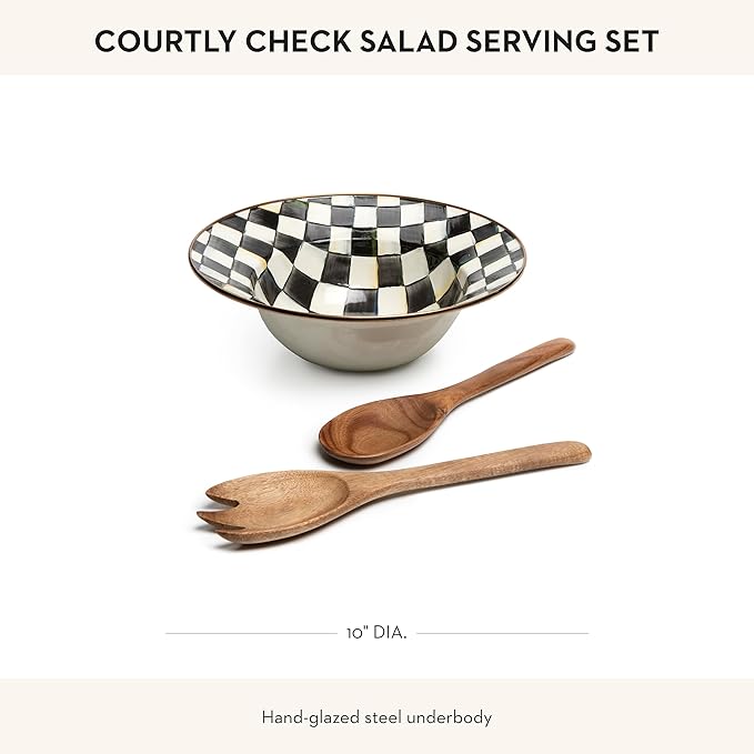 MACKENZIE-CHILDS Enamel Salad Serving Set, Enamel Bowl and Wooden Salad Servers, Decorative Kitchen Set, Black-and-White Courtly Check
