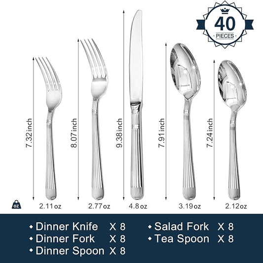 KINGSTONE 40-Piece Silverware Set, 18/10 Stainless Steel Flatware Set - Luxury Elegant Striped Cutlery with Dishwasher Safe, Durable for Family Dining, Catering, Weddings, Anniversaries Gift