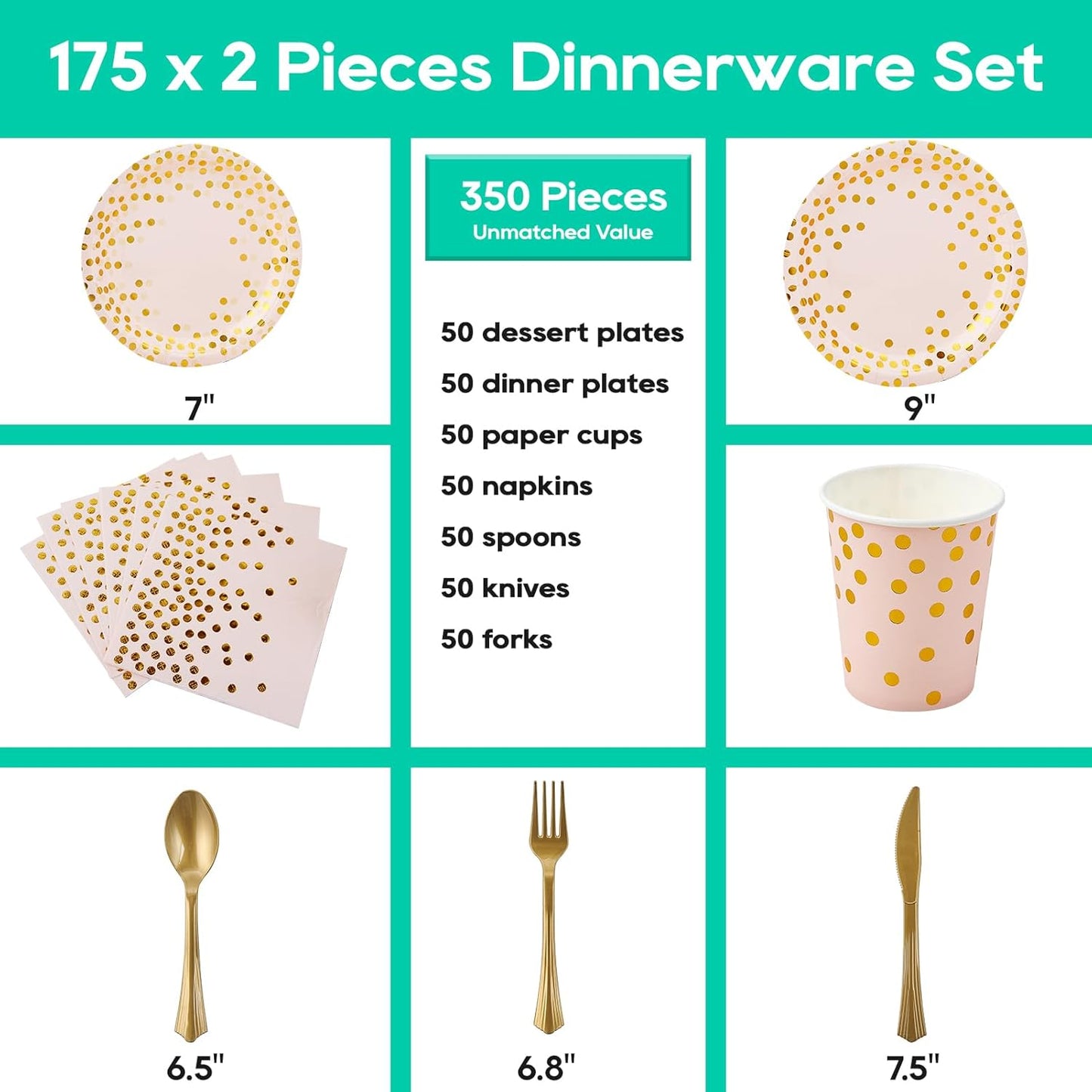 Pink and Gold Party Supplies - 350 PCS Disposable Dinnerware Set - Pink Paper Plates Napkins Cups, Gold Plastic Forks Knives Spoon for Graduation, Birthday, Cocktail Party
