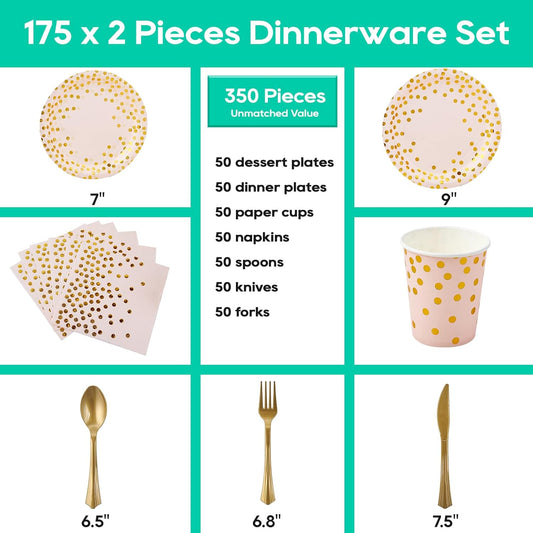 Pink and Gold Party Supplies - 350 PCS Disposable Dinnerware Set - Pink Paper Plates Napkins Cups, Gold Plastic Forks Knives Spoon for Graduation, Birthday, Cocktail Party