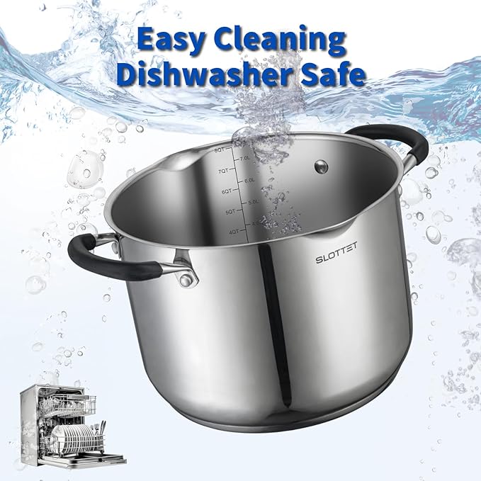 8 Quart Stainless Steel Stock Pot with Strainer Glass Lid,8 Qt Multipurpose Stockpot with Pour Spout,Stay-cool silicone Handle.