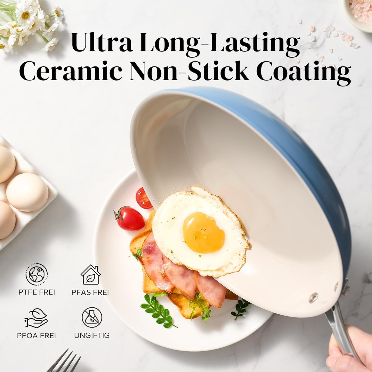 Redchef Ceramic Non Stick Egg Pans, Nonstick Frying Pan Skillet, 8 inch Cooking Pan Non Toxic with Stay Cool Handle for Induction, PTFE & PFAS & PFOA Free, Dishwasher/Oven Safe (Blue)