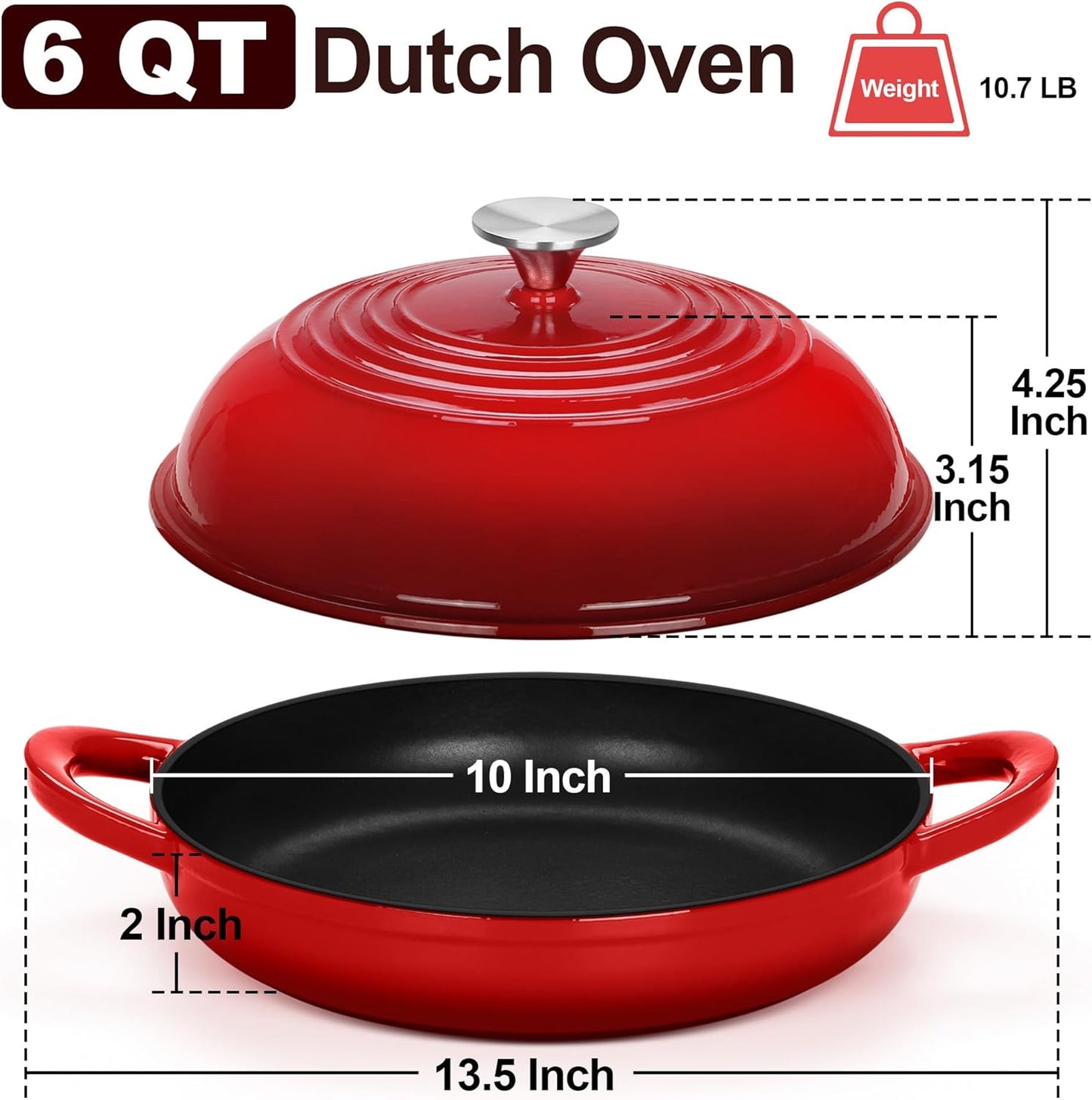 TeamFar Cast Iron Bread Dutch Oven, 6 Qt Enameled Dutch Oven Pot for Sourdough Bread Baking, with Tall Dome Lid & Round Base Pan, Self-Basting & Even-Heating, Heavy-Duty & Non-stick, Red