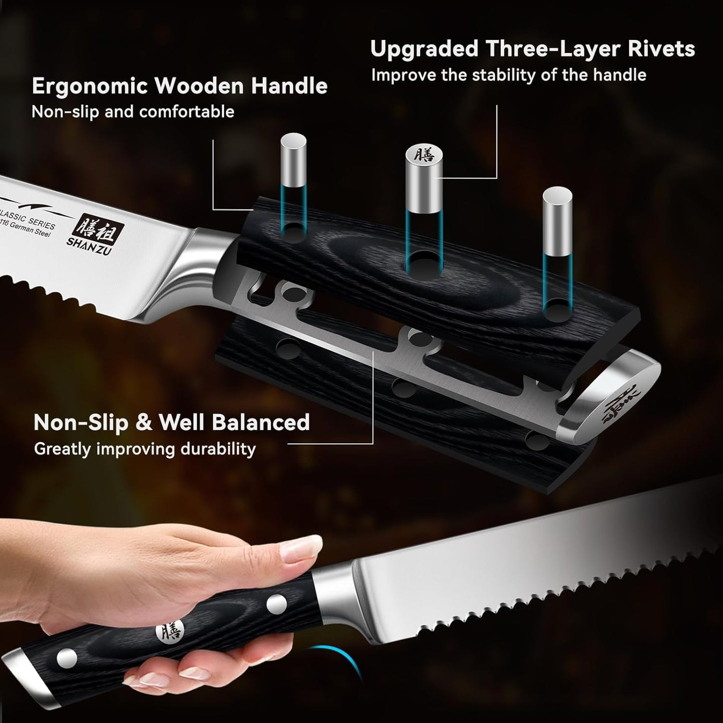 SHAN ZU 8" Bread Knife - Sourdough Slicing Knife Professional German 1.4116 Stainless Steel Serrated Blade, Ergonomic Wood Handle & Full Tang Design, Gift Box Included(Single-Edge)