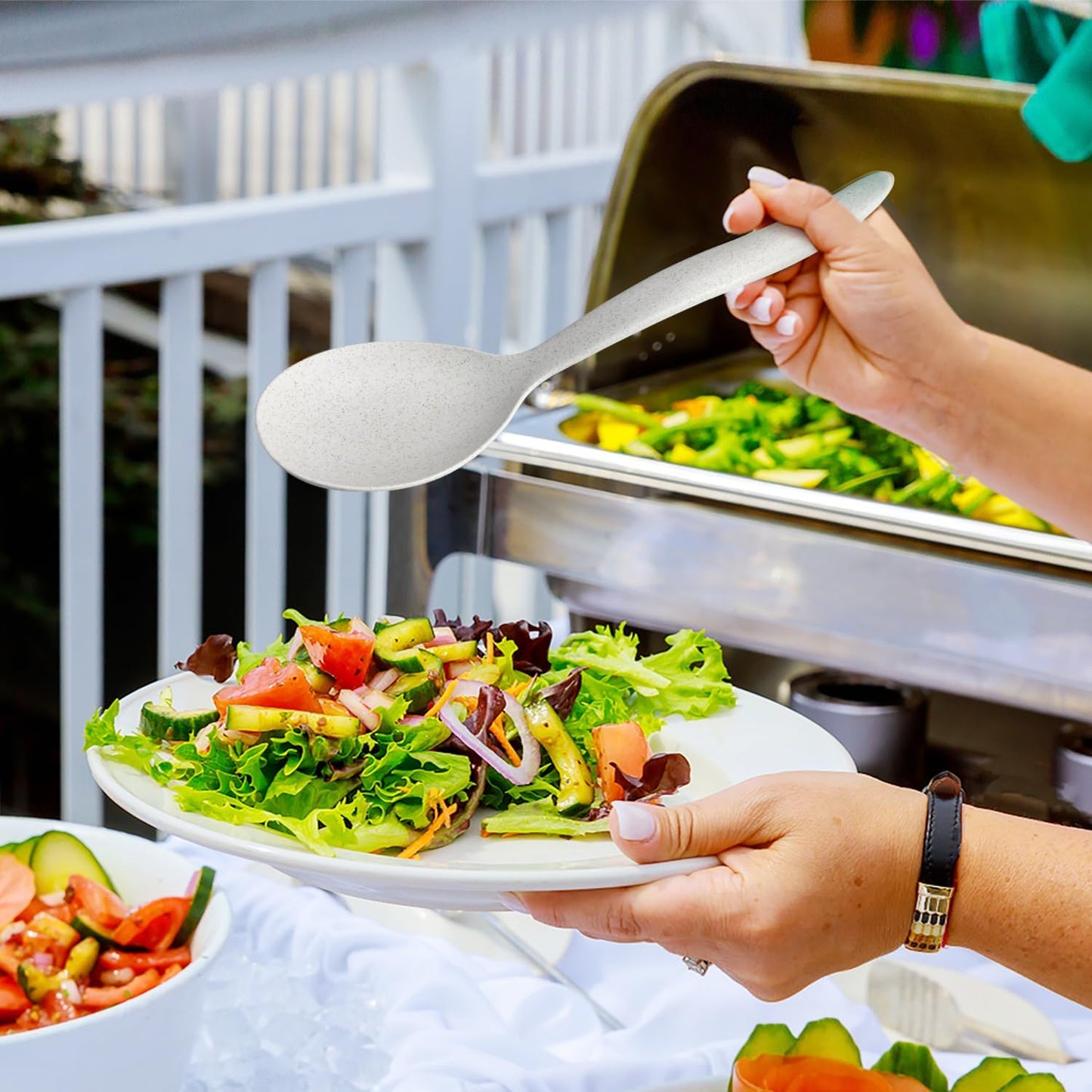 8 Pack 10" Large Reusable Plastic Wheat Straw Serving Spoon Set, 4 Serving Spoons & 4 Slotted Spoons, Kitchen Mixing Serving Spoon for Buffet Chafing Dish Catering (White, Not for Cooking)