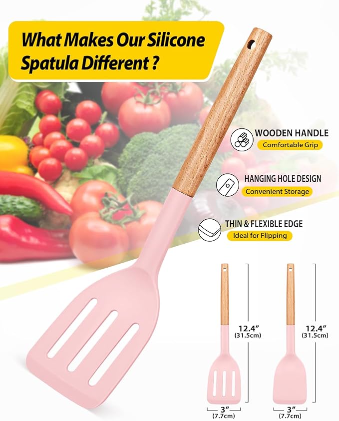 Pack of 2 Silicone Cooking Spatula, Heat Resistant Solid Turner, Non Stick Slotted Spatulas with Wooden Short Handle,Ideal Wood Kitchen Utensils Set for Frying, Baking, Flipping, Turning