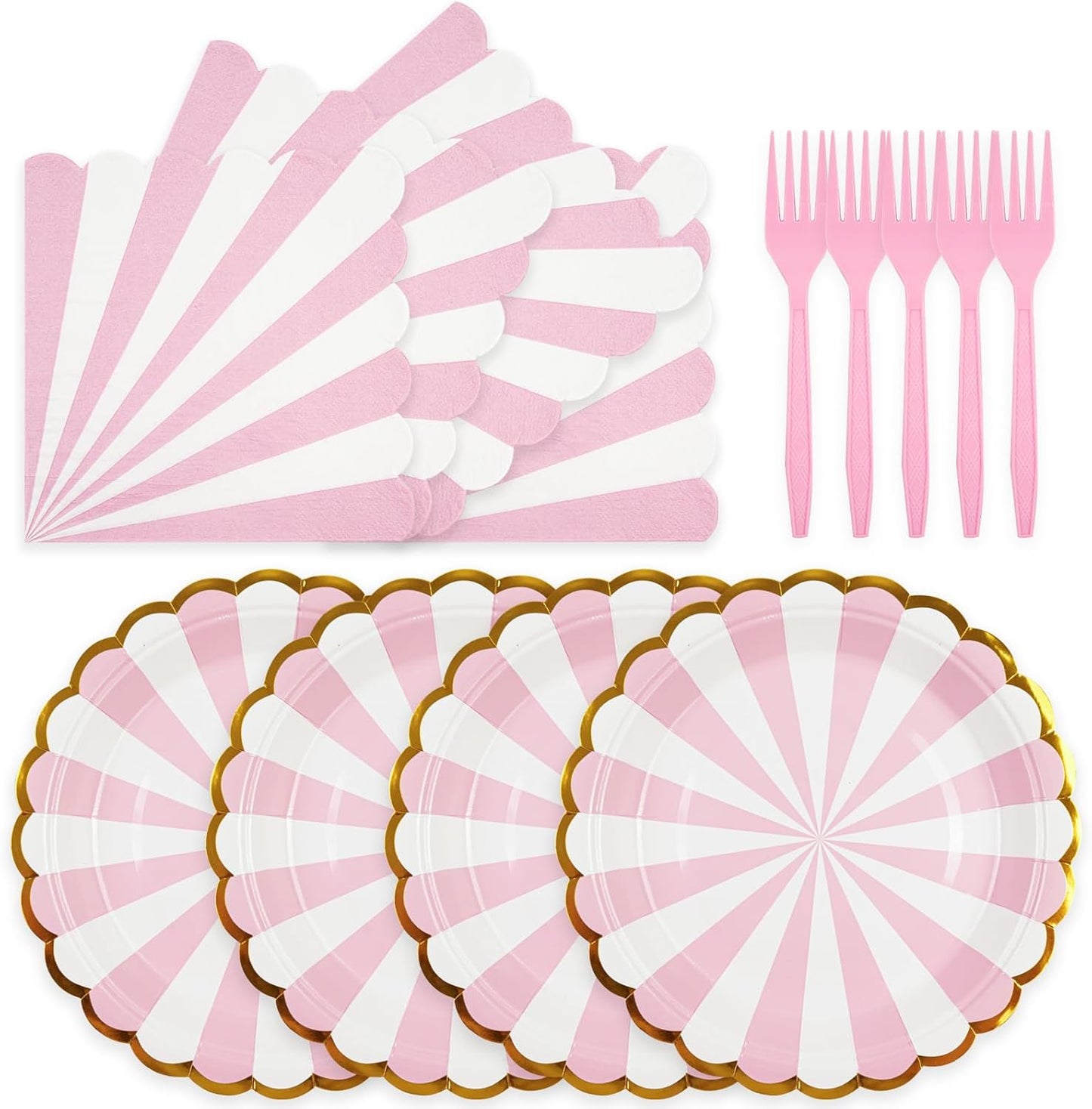 72PCS Pink Paper Plates and Napkins Party Supplies, Gold Foil Edge Scalloped Striped Plates Napkins Disposable Tableware Set for Birthday Wedding Baby Shower Party Decoration (Pink)