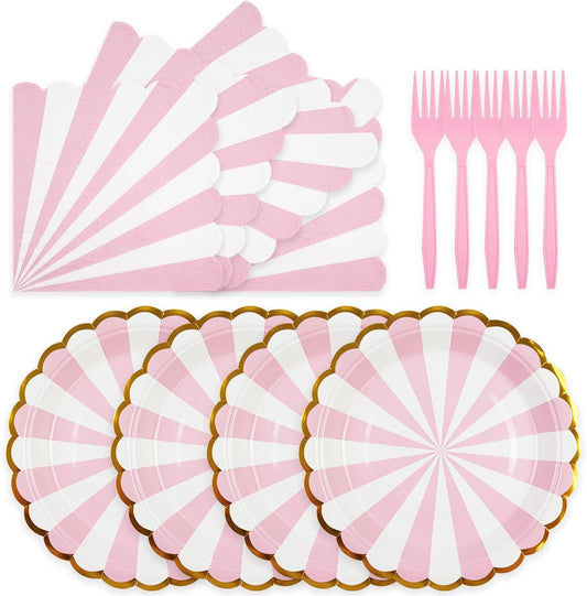 72PCS Pink Paper Plates and Napkins Party Supplies, Gold Foil Edge Scalloped Striped Plates Napkins Disposable Tableware Set for Birthday Wedding Baby Shower Party Decoration (Pink)
