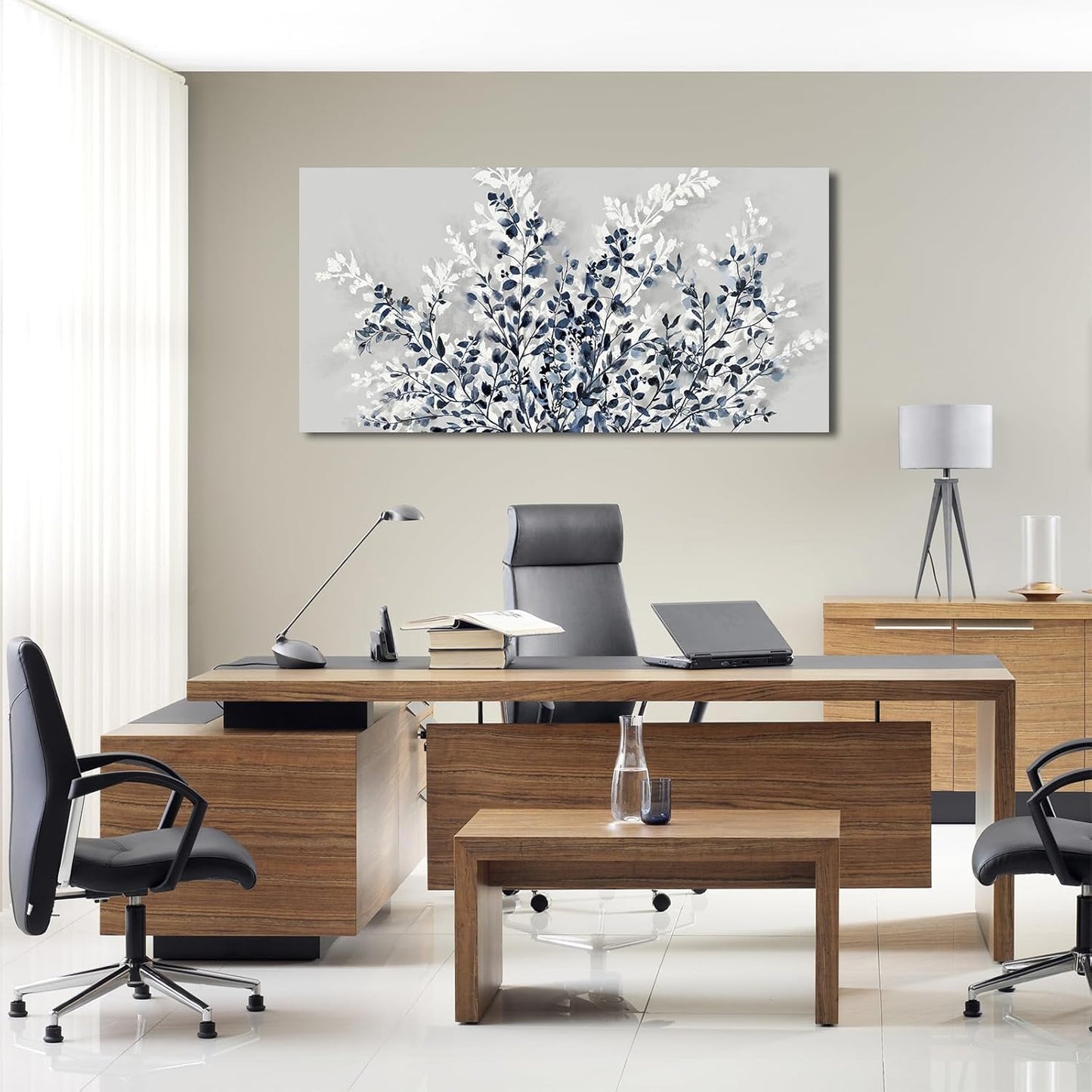 NINEASO Botanical Flowers Wall Art - Indigo Blue and White Floral Canvas Pictures Spring Blooming Painting Gray Background Printing Artwork Living Room Bedroom Home Office Wall Decor 24" x 48"