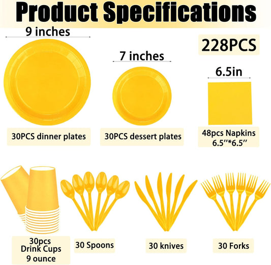 TWOWYHI 228PCS Yellow Party Supplies Set Include Paper Plates Cups Paper Napkins Plastic Spoons Forks Knives for 30 Guests Disposable Party Dinnerware for Birthday Wedding Family Picnic
