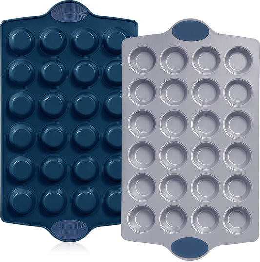 BRONYPRO Ceramic Mini Muffin Pan, 24-Cup Nonstick Aluminized Steel Mini Cupcake Pans, Healthy Non-Toxic Ceramic Coating Muffin Tin, 2 Pack Cup Cake Pans for Baking Blue