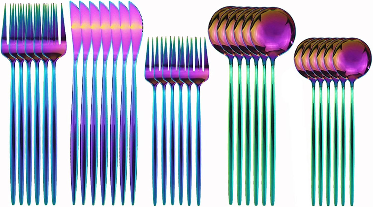 Silverware Set – 30 Piece Family Dinnerware Set – Flatware Set Service For 6 – Rainbow Tableware Sets – Cutlery Great For Family Gatherings & Daily Use – Spoons, Knives, Forks