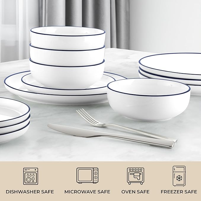 Zulay Kitchen Nova Porcelain Dinnerware Set, Service For 6 - Chip & Scratch Resistant White Plates And Bowls Sets - Microwave & Dishwasher Safe - White With Blue Rim