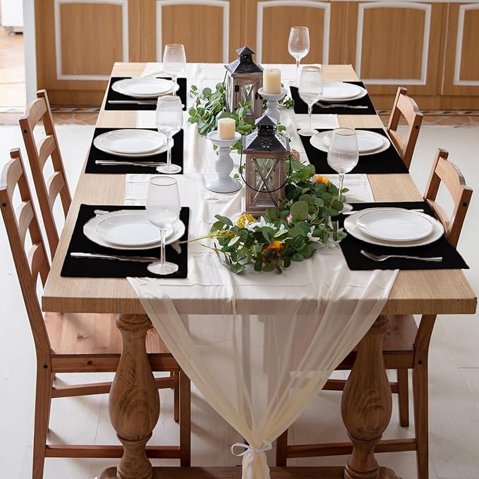 Linen Fabric Placemats Set of 6, Machine Washable, Heat Resistant, Wrinkle Free, Thick Polyester Kitchen Place Mats for Dining Table (Black)