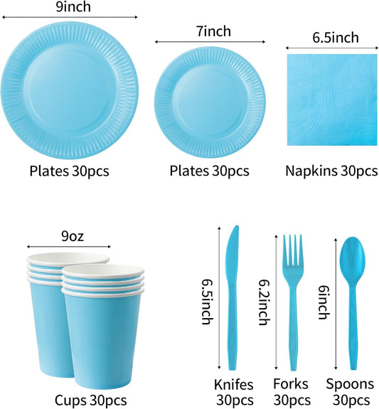 210pcs Thanksgiving Light Blue Paper Plates Disposable Tableware Party Supplies- Includes 9" Dinner Plates, 7" Dessert Plates, 9oz Paper Cups, Napkins, Plastic Forks