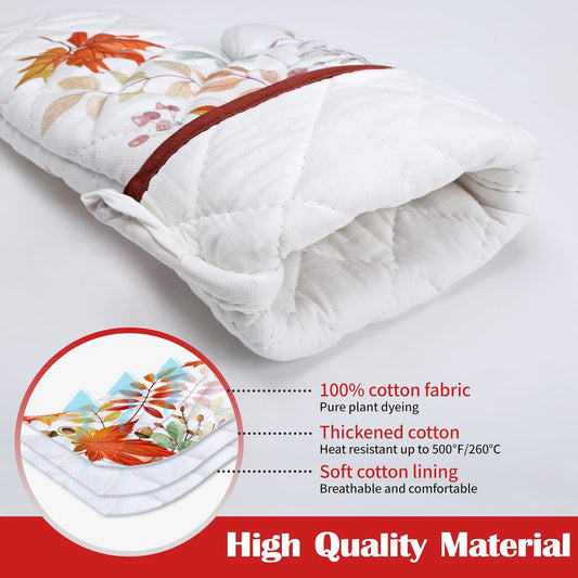 Fall Mapel Leaf Oven Mitts and Pot Holders Sets 2Pcs, 100% Cotton Heat Resistant, Extra Long Oven Gloves Potholder for Kitchen Cooking Baking Decoration