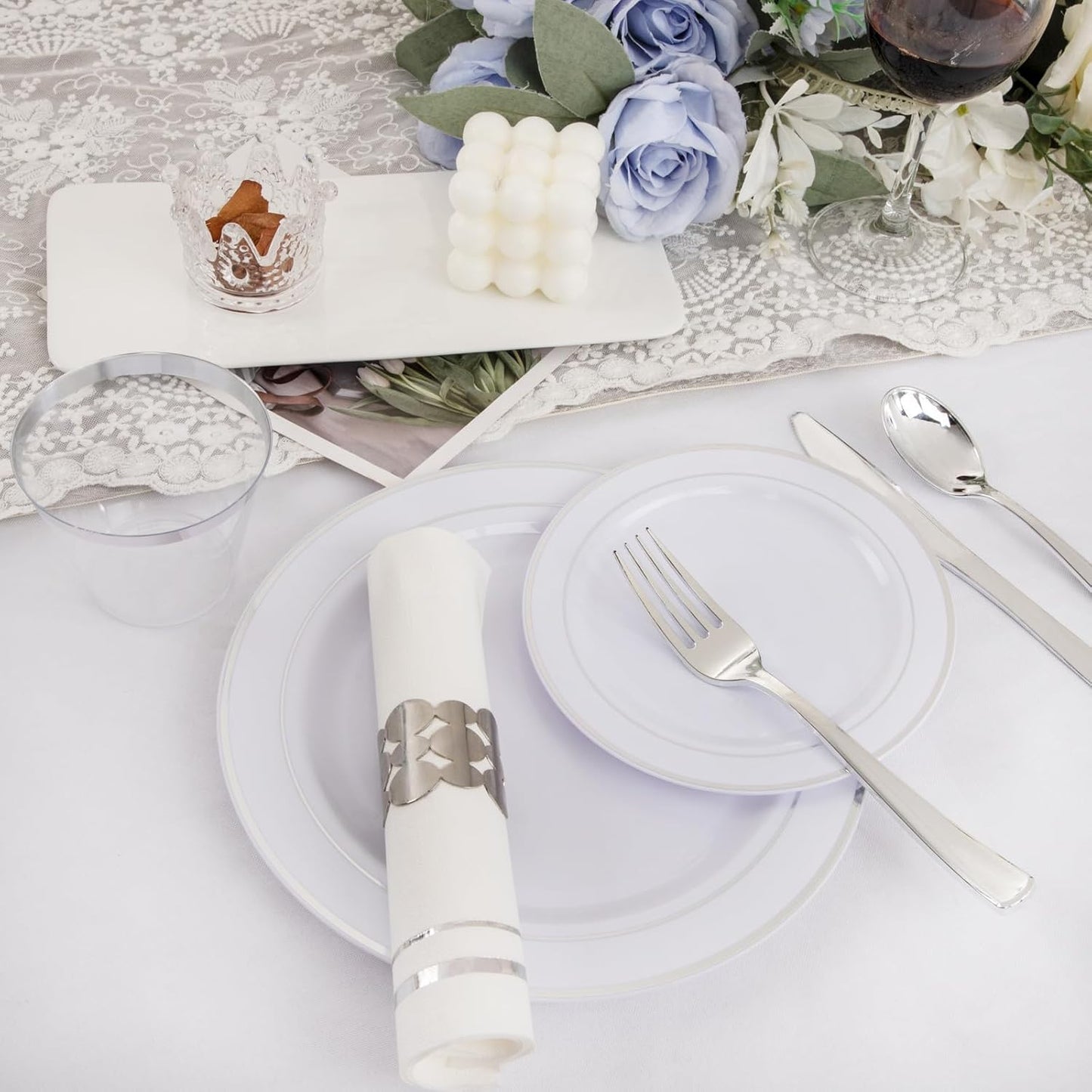 GATHER 350PCS Silver Plastic Plates - White and Silver Disposable Plates for 50 Guests Includes 50 Dinner Plates 50 Dessert Plate 50 Napkins 150 Silvery Cutlery and 50 Cups for Wedding & Party