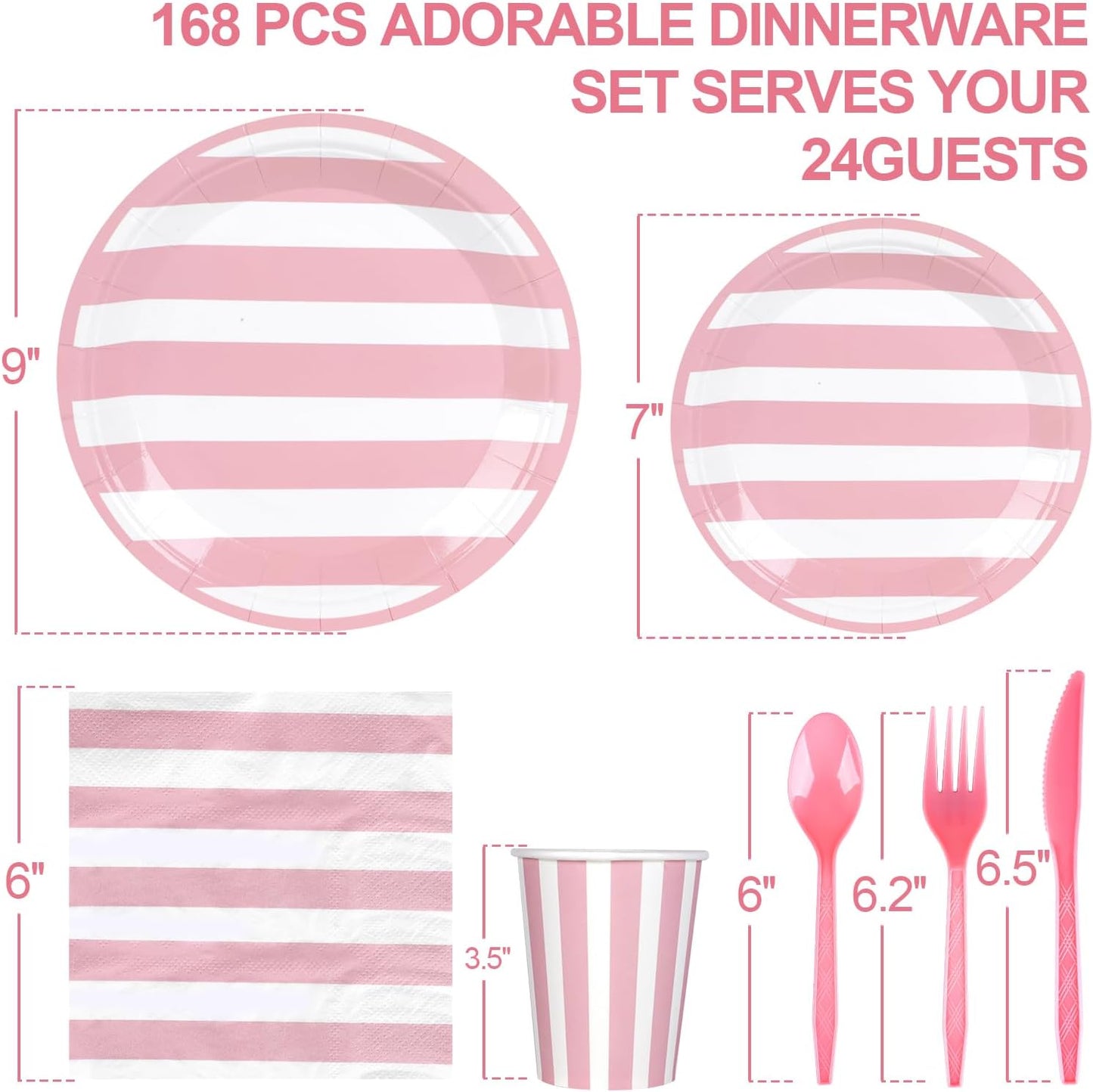 168Pcs Pink and White Party Supplies Disposable Paper Plates Napkins Cups Knives Spoons Forks For Wedding Baby Bridal Shower Serve 24
