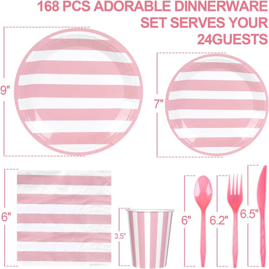 168Pcs Pink and White Party Supplies Disposable Paper Plates Napkins Cups Knives Spoons Forks For Wedding Baby Bridal Shower Serve 24