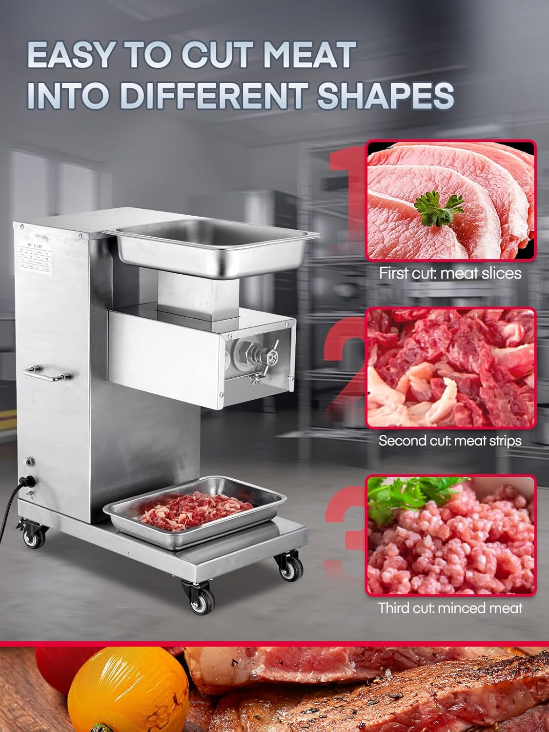 Meat Cutter Machine Commercial, Fresh Meat Slicer with 3 mm 2 Blades Removable, Meat Cutter with 1200Lbs/H 110V Stainless Steel