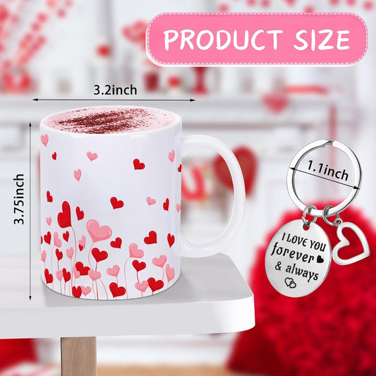 NOVWANG Valentines Day Coffee Mug, 12 OZ Love Heart Mug with Keychain Cute Valentines Day Gifts for Girlfriend Wife Boyfriend Husband Colorful Heart Saying Mugs for Anniversary Wedding