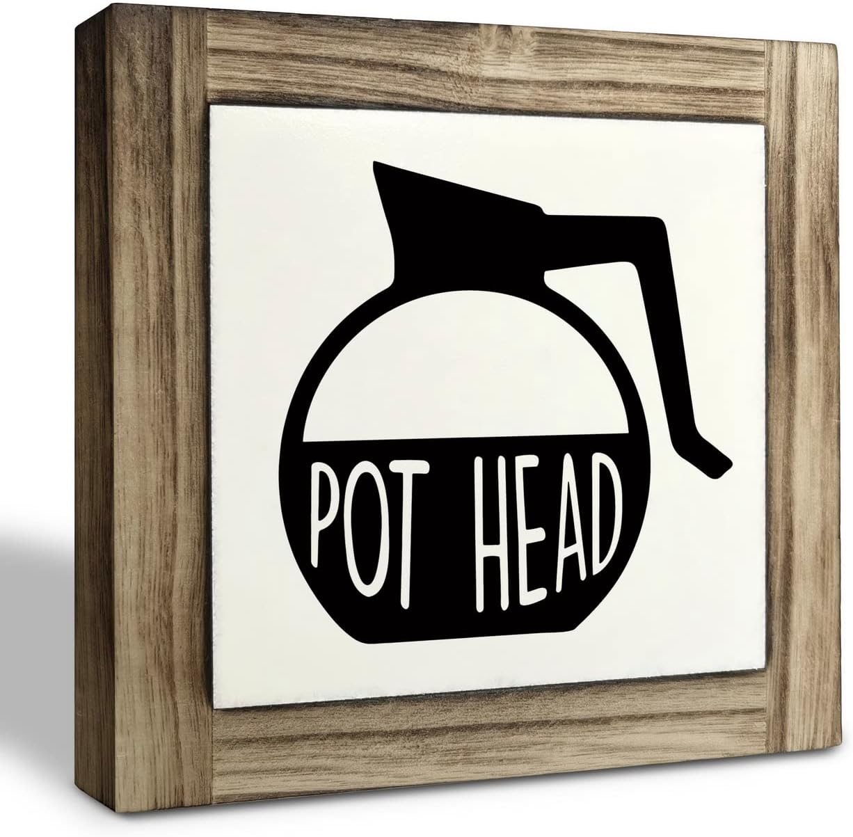 XJCUG Pot Head Wood Plaque Sign, Box Wood Plaques Desk Décor, Rustic Pot Head Coffee Sign, Café Tabletop Décor, Pot Head Kitchen Sign, Wooden Décor for Coffee Bar, Coffee Station Décor 5.9×5.9inch