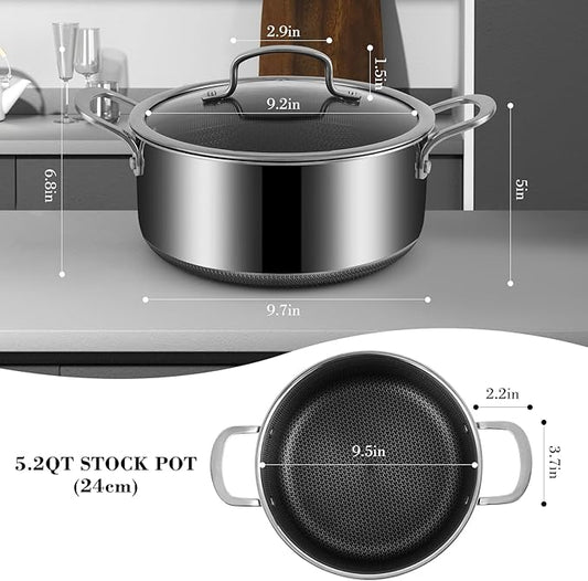 Tri-Ply Stainless Steel Stock Pot, 5 Quart Pot with Lid - Non Stick Pots -Induction Ready, Cooking Pots with Lids, Cool Handles, Dishwasher (Stainless Steel, 5.2QT)