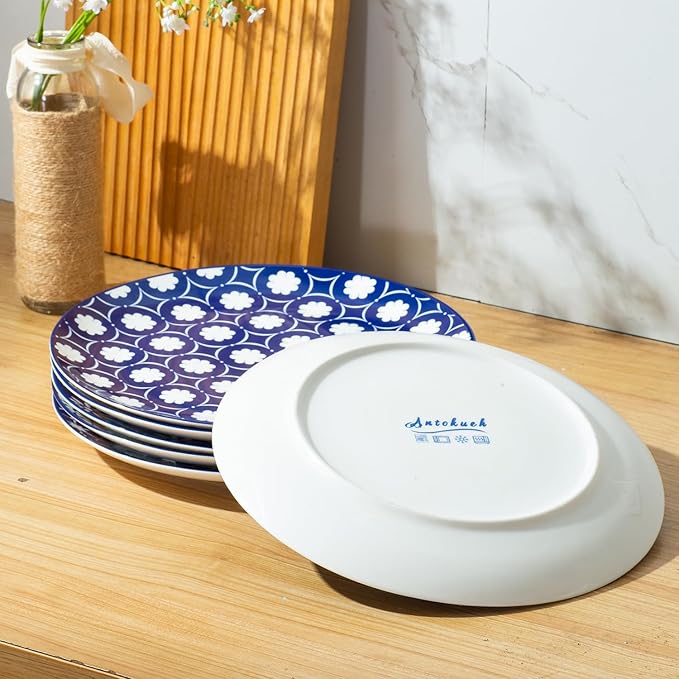 AntoKueh 10.5 inch Dinner Plates, Blue Porcelain Dessert Plate Set of 6, Large Size Ceramic Plates for Kitchen, Pizza, Pasta, Dishwasher Safe, Vintage