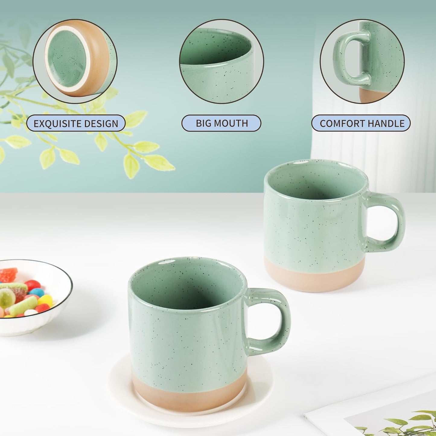 12oz Coffee Mug Set for 6, Tea Cups with Handle for Coffee, Tea, Cocoa, Milk (Green)