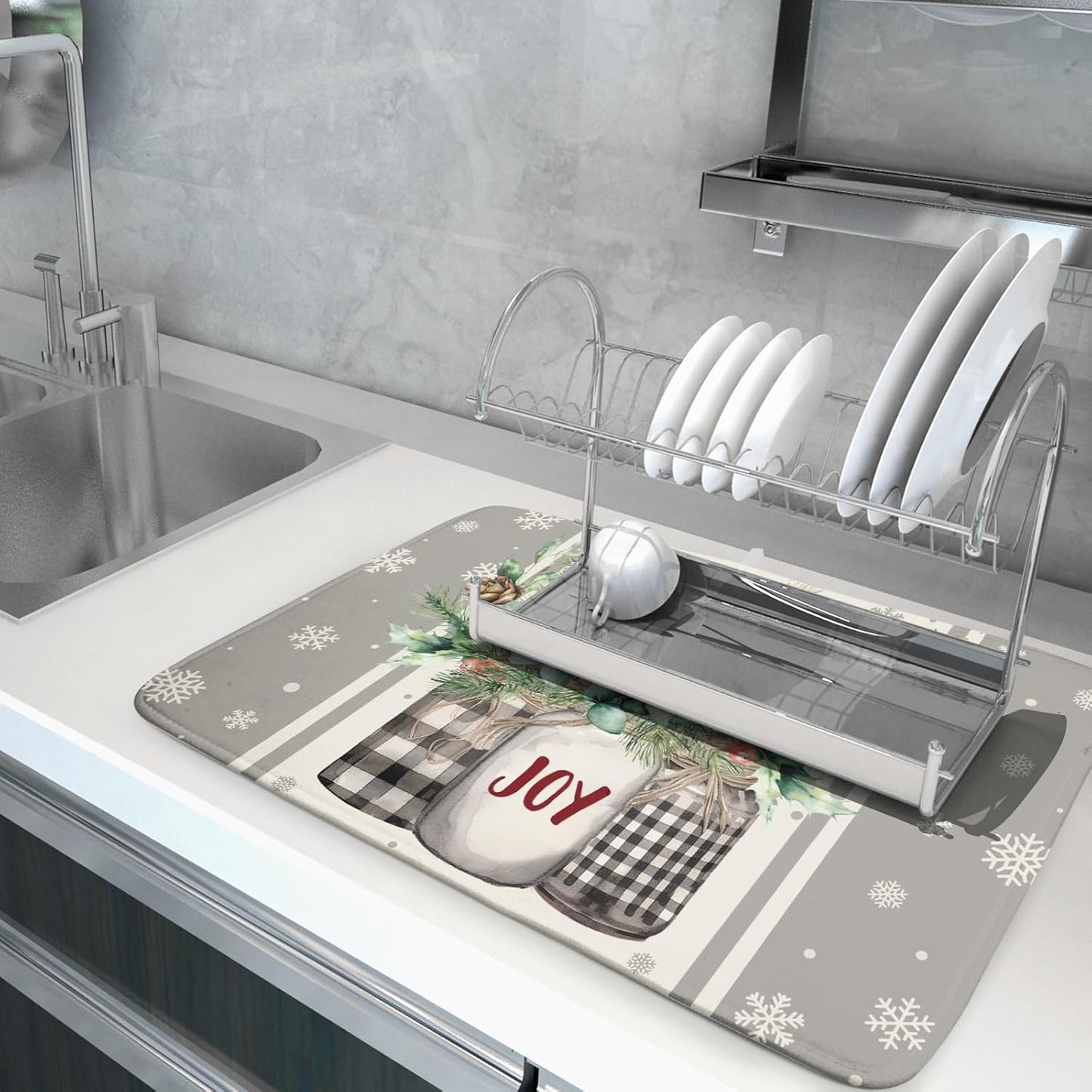 Christmas Dish Drying Mat for Kitchen Counter 18x24 Inch,Large Winter Poinsettia Berry Pinecone Grey Dish Drainer Rack Mats Heat Resistant Foldable Absorbent Draining Pad