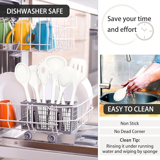 P&P CHEF Silicone Cooking Utensils Set of 7, Heat-proof Kitchen Utensils Set for Nonstick Cookware, Non-stick Spatula, Slotted Turner, Soup Ladle, Pasta Server, Spoon for Cooking Serving - White