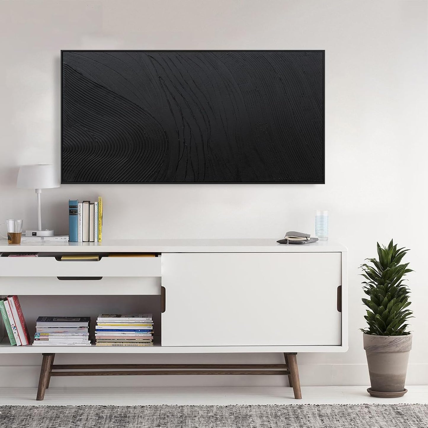 Framed Abstract Wall Art For Living Room Wall Decor Artwork 48" W X 24" H Black Hand Painted Line Texture Canvas In Large Abstract Artwork For Living Room Bedroom Office Modern Glam Decor Ready To Hang