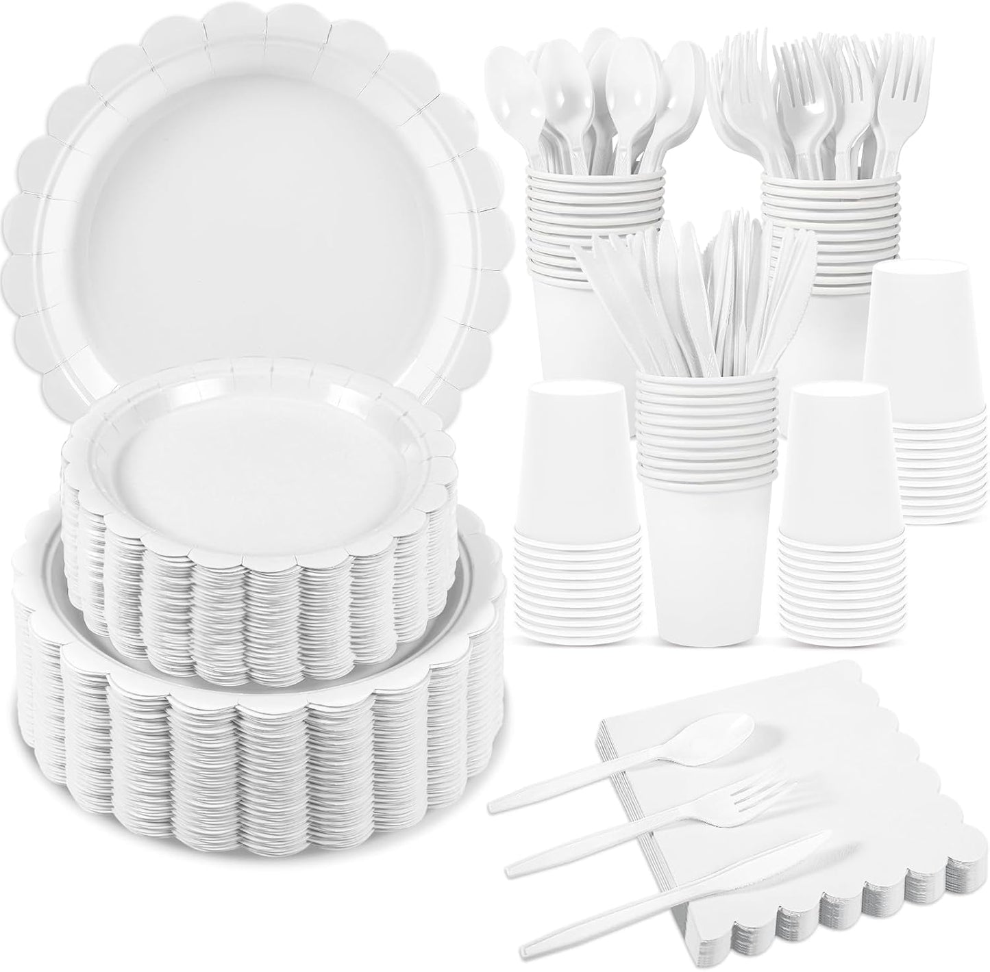 350 Pcs White Paper Plates and Napkins, 50 Guest White Party Supplies Include Scalloped Plates Paper Napkin Cup Plastic Spoon Fork Knive for Baby Shower, Wedding, Birthday