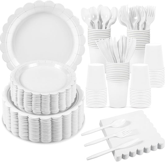 350 Pcs White Paper Plates and Napkins, 50 Guest White Party Supplies Include Scalloped Plates Paper Napkin Cup Plastic Spoon Fork Knive for Baby Shower, Wedding, Birthday