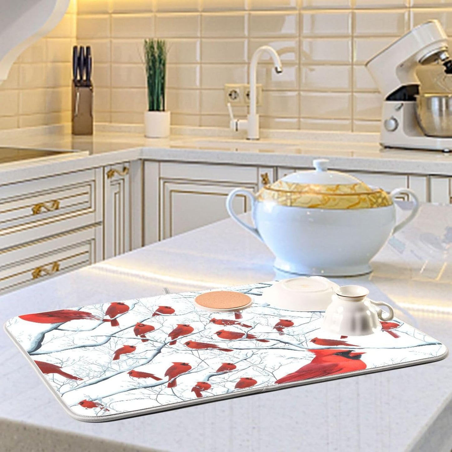 Red Birds on Branches Dish Drying Mat for Kitchen Counter Super Absorbent Dishes Pad Reversible Microfiber Protector Dish Draining Mats 16x18 inch