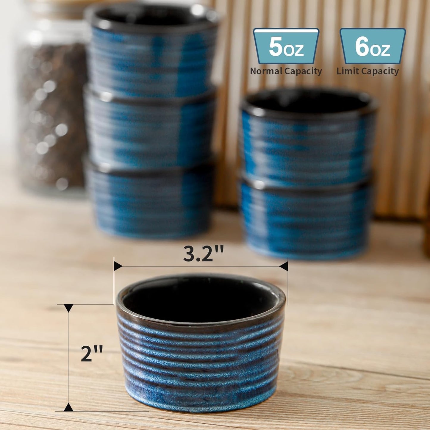 Hasense 6 oz Ramekins for Baking,Ceramic Souffle Dish Oven Safe Set of 6,Porcelain Dipping Sauce Bowls for Pudding, Creme Brulee, Souffle, Serving Dip, Custard, Ice Cream(Blue)