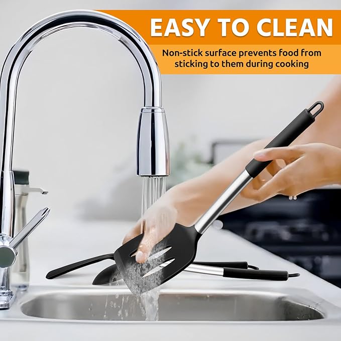 E-far Silicone Spatula Set of 2, Solid & Slotted Turner for Nonstick Cookware, Heat Resistant Rubber Kitchen Cooking Utensils for Flipping Fish Pancake Egg - Black