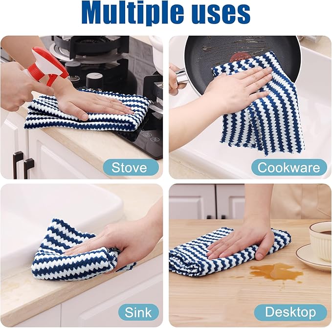 Homaxy Kitchen Towels(12 Pack, 10 x 20 inches), Ultra Soft and Absorbent Dish Towels, Reusable Fast Drying Microfiber Cleaning Cloth, Coral Velvet Wave Design No-lint, Navy Blue