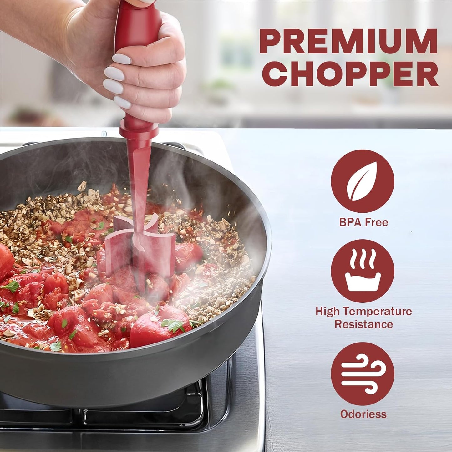 2 Pcs Meat Chopper, Upgrade Hamburger Grinder, Premium Heat Resistant Meat Masher for Ground Beef, Ground Turkey and More, Non Stick Mix Chopper, Hamburger Smasher Safe-Red