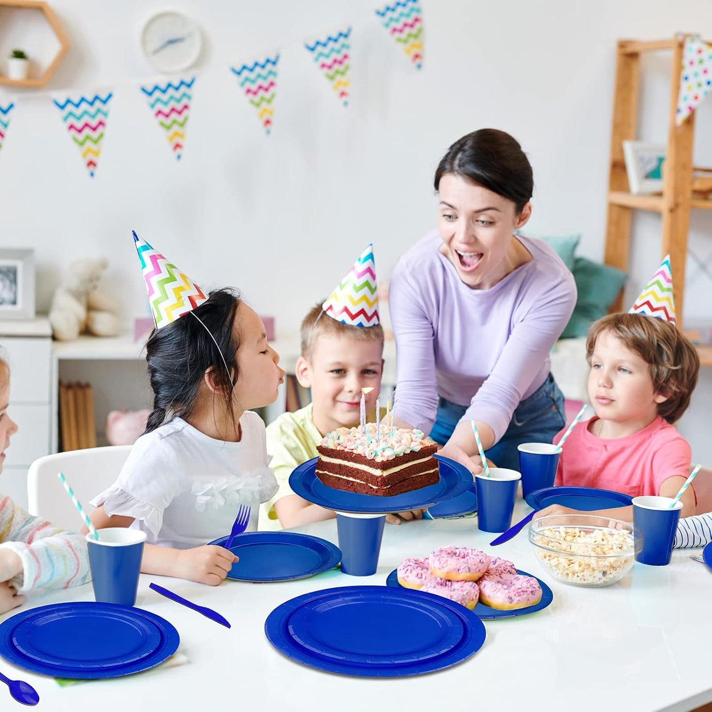 TWOWYHI 228PCS Blue Party Supplies Set Include Paper Plates Cups Blue Napkins Plastic Spoons Forks Knives for 30 Guests Disposable Party Dinnerware for Birthday Wedding Family Picnic