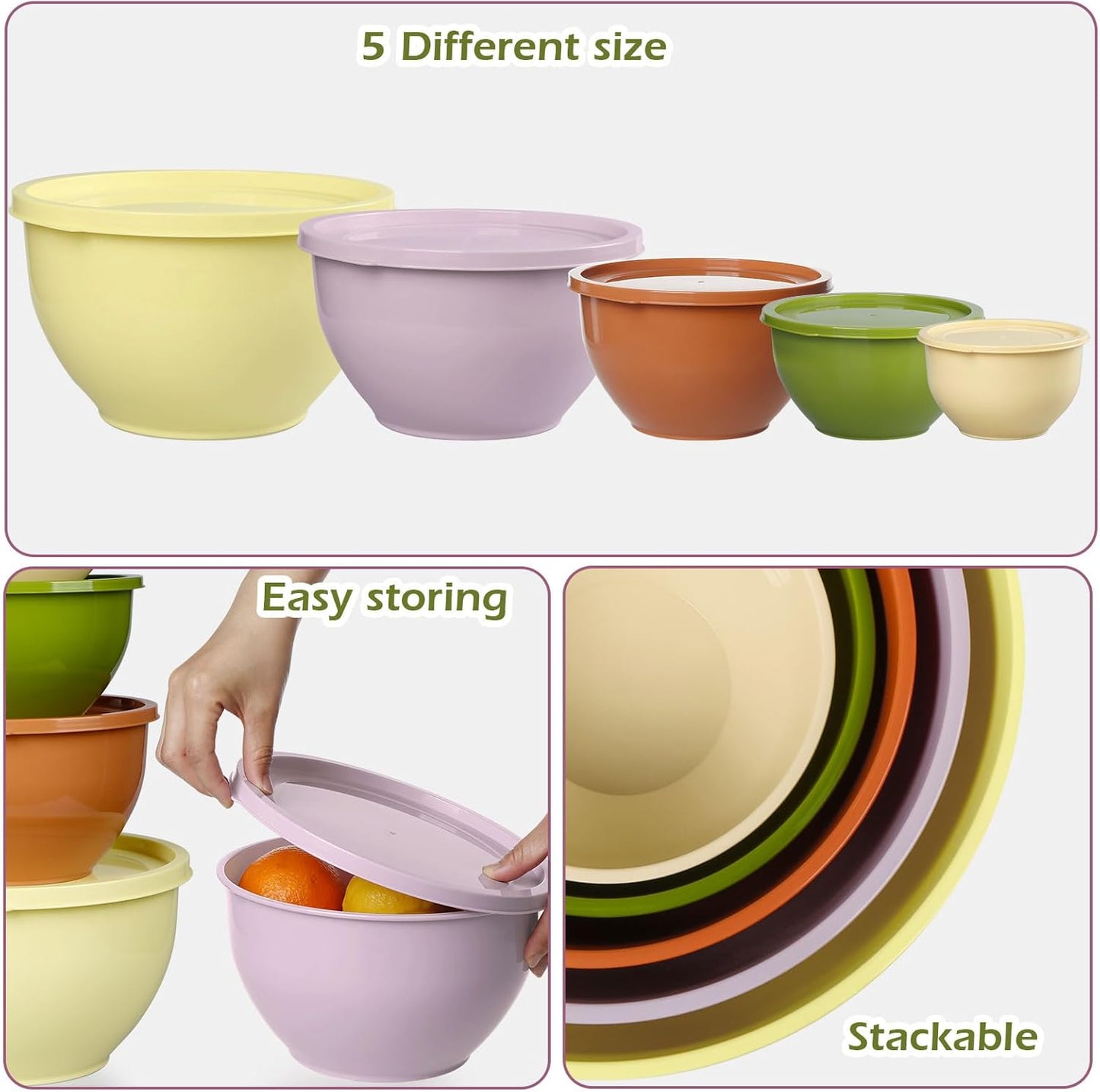 Plastic Mixing Bowls with Lids Set for Kitchen, Nesting Bowls for Mixing, Baking, Prepping, Cooking and Serving Food (5 Set-Olive green)