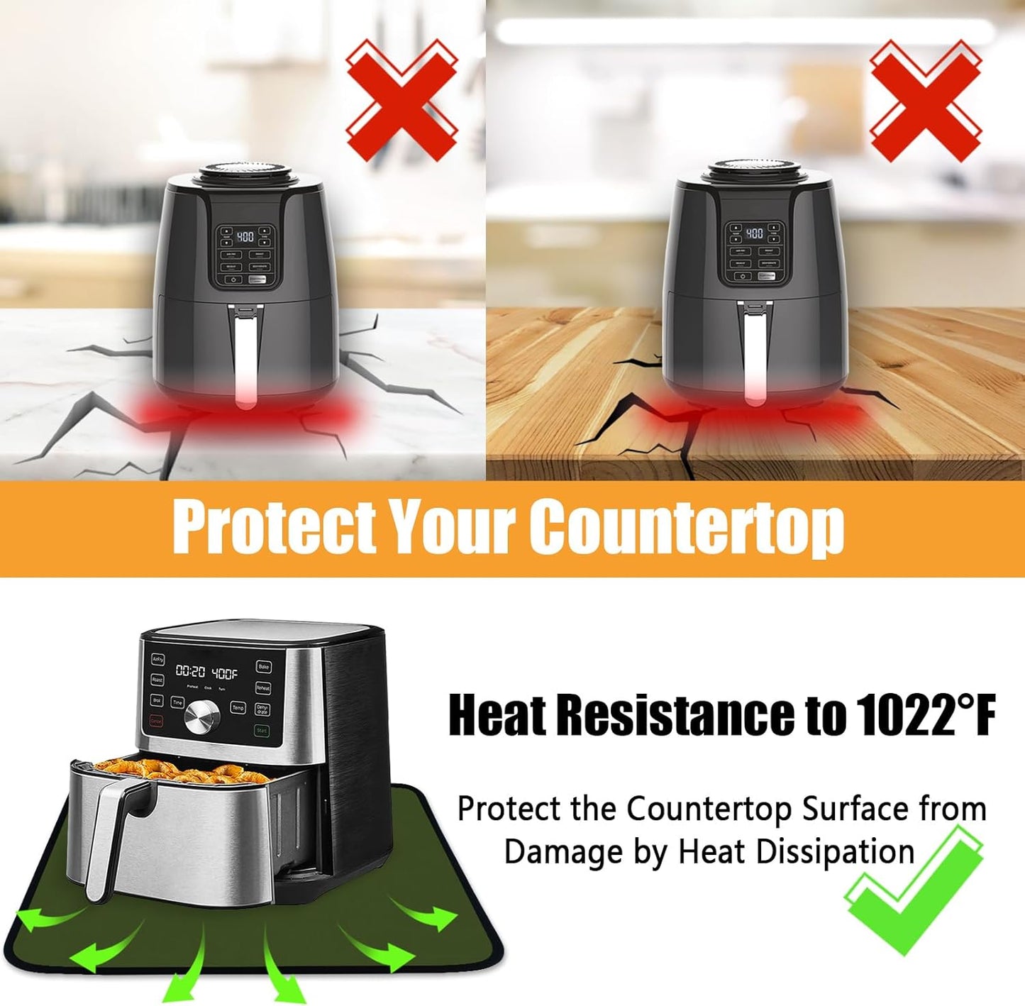 Heat Resistant Mat for Air Fryer, 15 x 18in Countertop Protector, Fireproof Silicone Appliance Slider for Coffee Maker, Toaster, Oven - Green