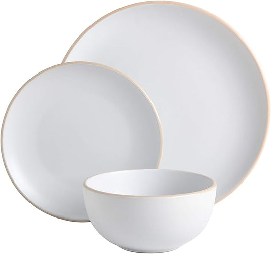 Gibson Home Rockaway 12-Piece Round Stoneware Dinnerware Set, Service for 4 – White Plates and Bowls, Modern Matte Finish, Microwave & Dishwasher Safe