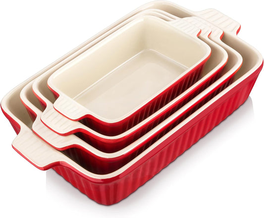 Bakeware Set of 4, MALACASA Porcelain Baking Pans Set for Oven, Casserole Dish, Ceramic Rectangular Baking Dish Lasagna Pans for Cooking Cake Pie Dinner Kitchen, Red (9.5"/11.25"/12.75"/14.5")