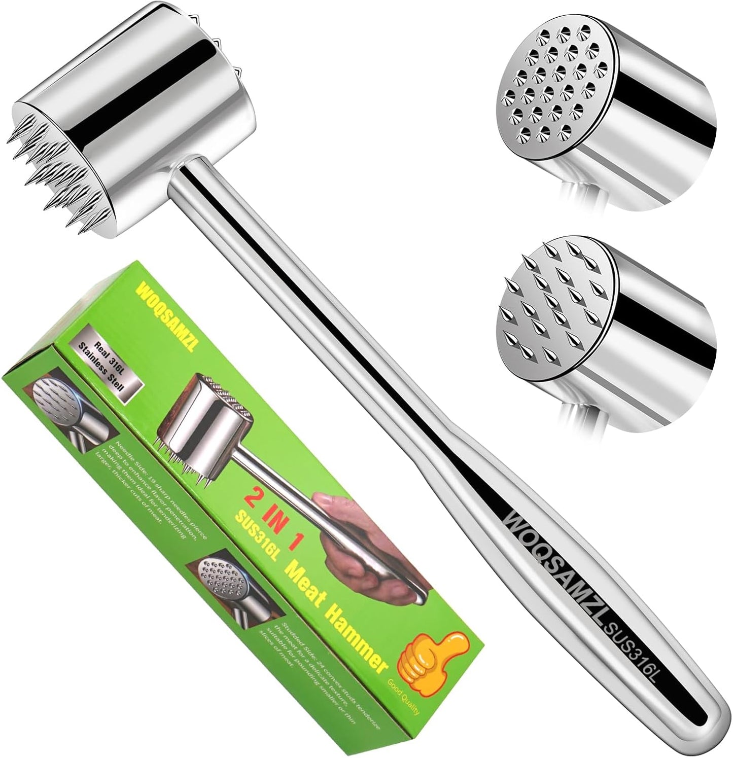 Real 316L Stainless Steel Meat Mallet Tenderizer Tool,Professional 2-in-1 Meat Hammer,Dual-Sided with Spikes & Studs,Commercial Grade Kitchen Solid Mallet Pounder, Heavy Duty 1.09LB,Dishwasher Safe