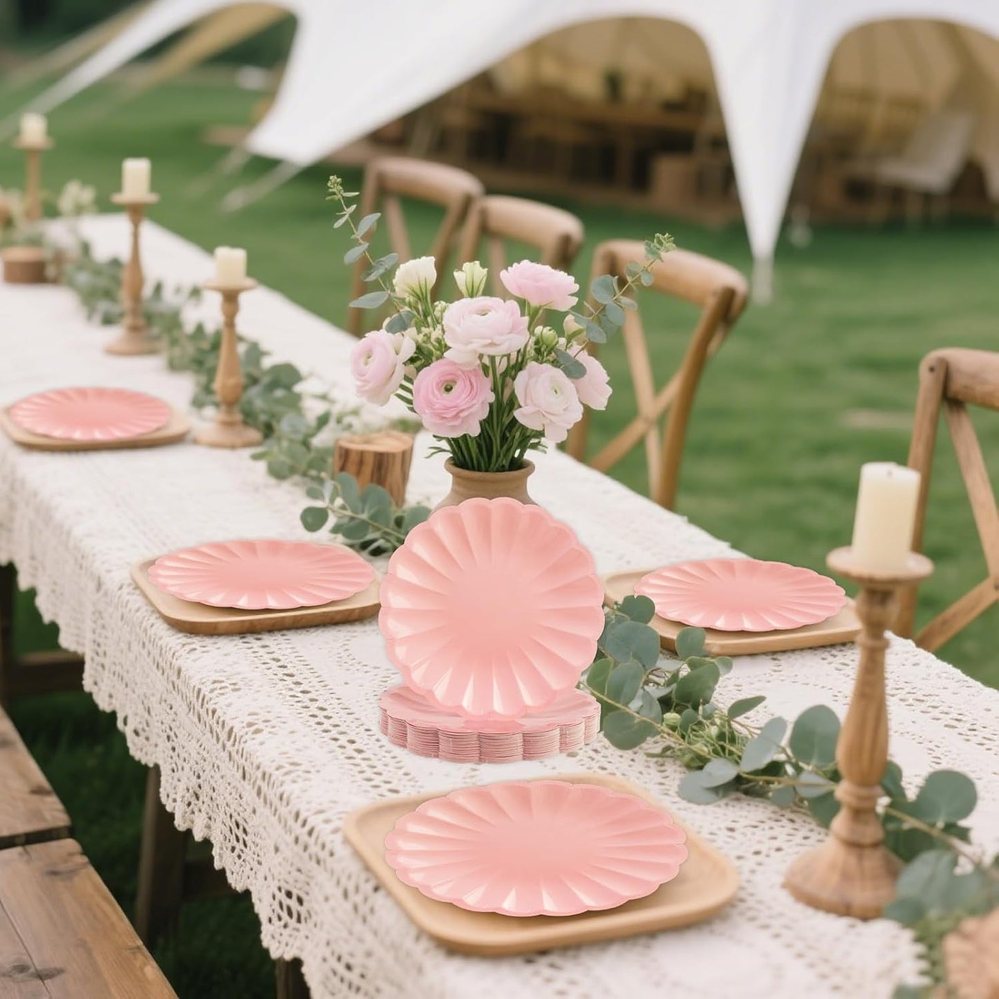 50Pcs Large Scalloped Light Pink Paper Plates 9Inch Shell Edge Dinner Plates for Cake Salad Fruit Disposable Dinner Serving Plates for Birthday Wedding Baby Shower Party Decorations